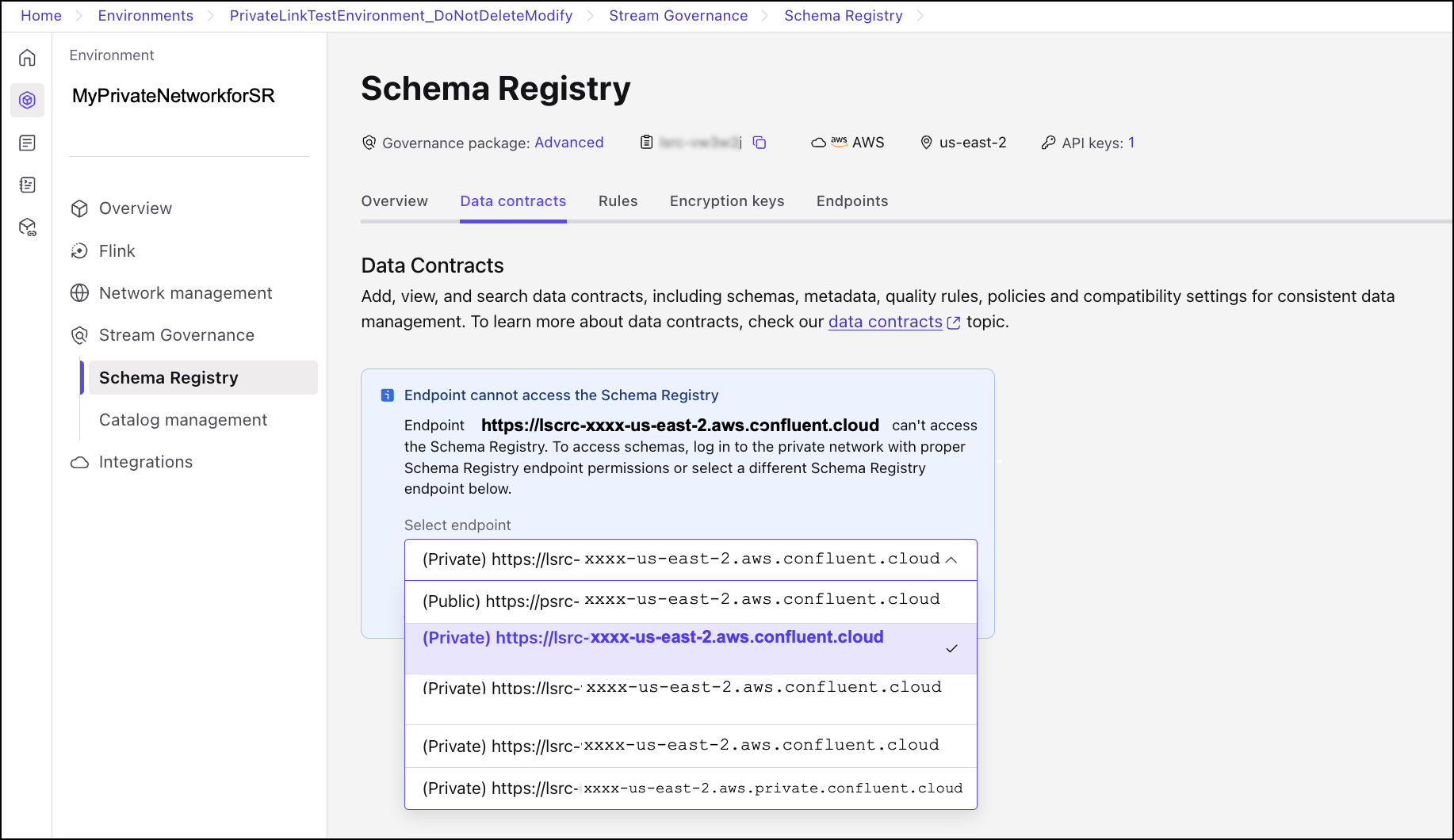 View schemas on Confluent Cloud with Schema Registry Private Network Endpoint