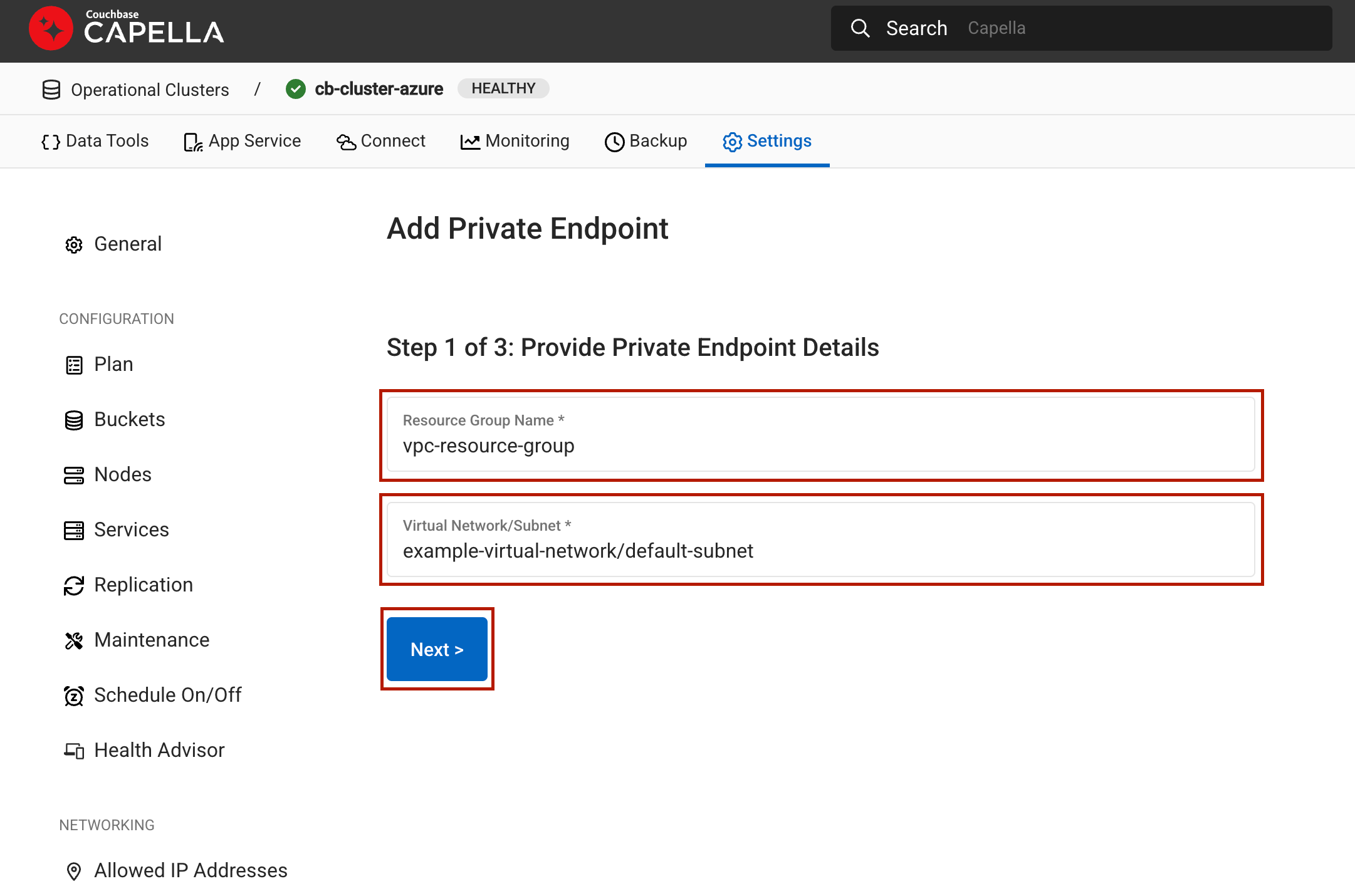 Couchbase Capella Private Endpoint Details