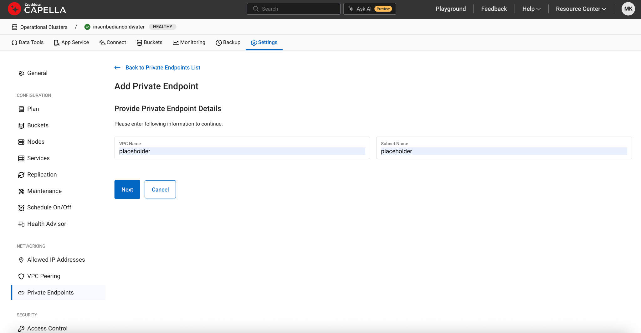 Couchbase Capella Private Endpoint Details