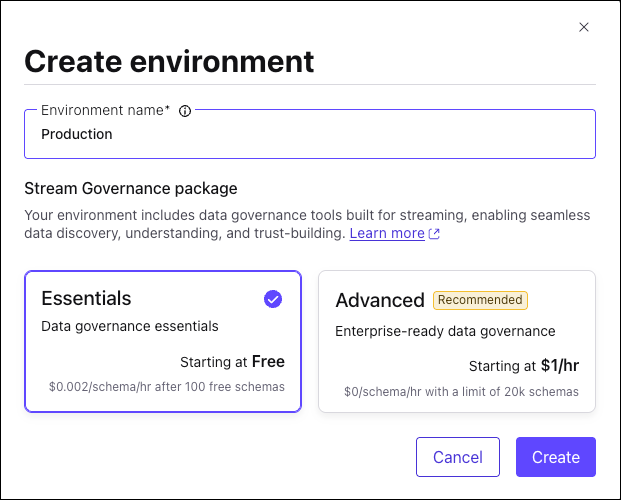 Screenshot of choosing a Stream Governance package