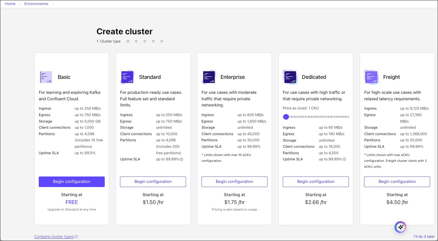 Screenshot of creating a cluster as part of Stream Governance package enablement