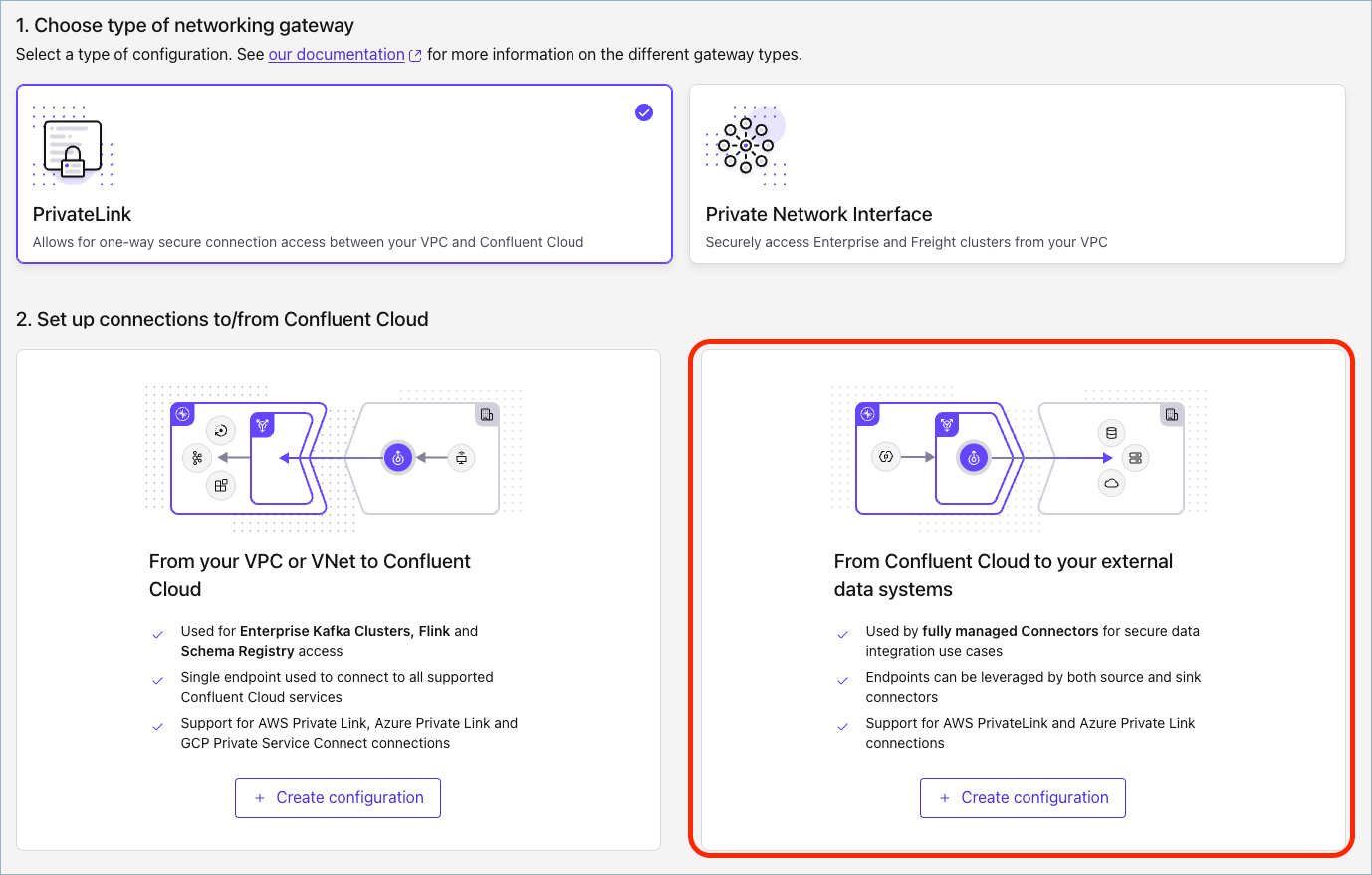 Screenshot of workflow for creating an EgressPrivateLink Gateway in Confluent Cloud