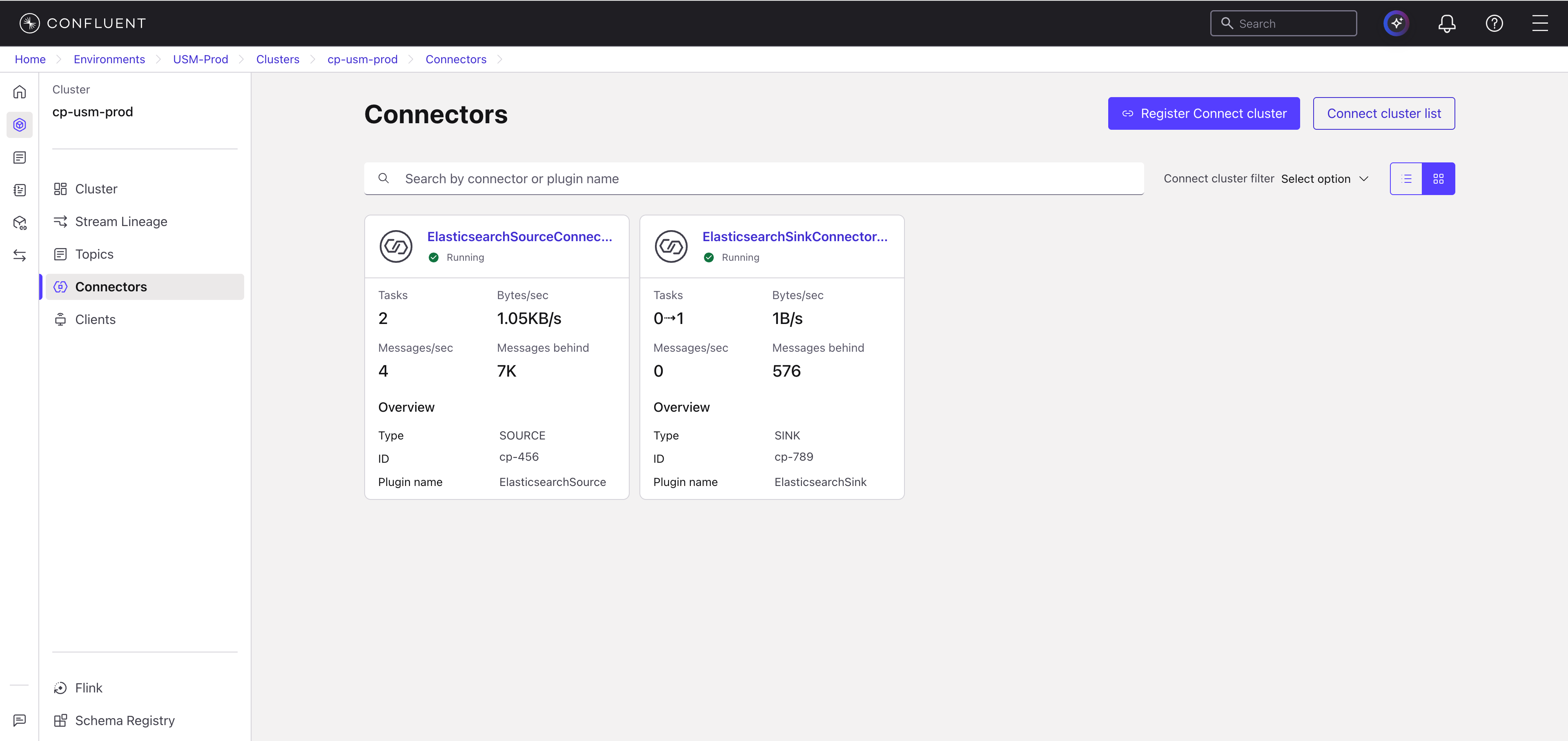 Connectors page showing the Connect cluster list button