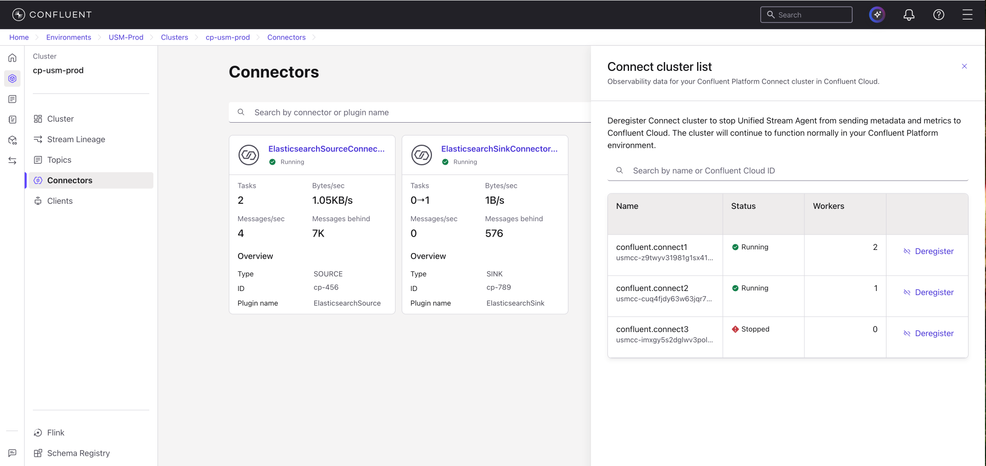 Connect cluster list panel showing registered Connect clusters