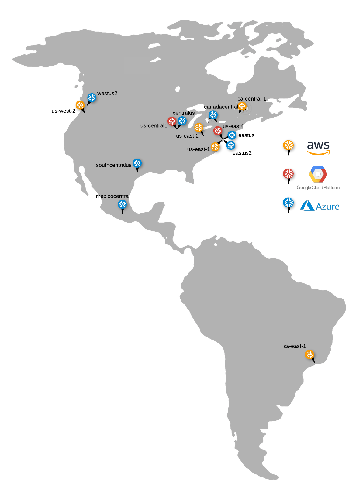 Map of North and South American commercial cloud regions supported by Snowflake