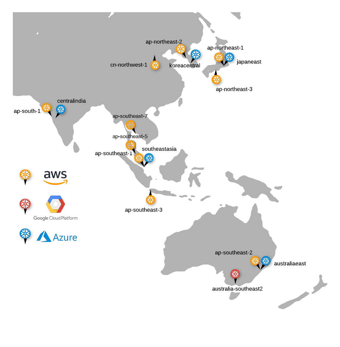 Map of Asia Pacific and China cloud regions supported by Snowflake