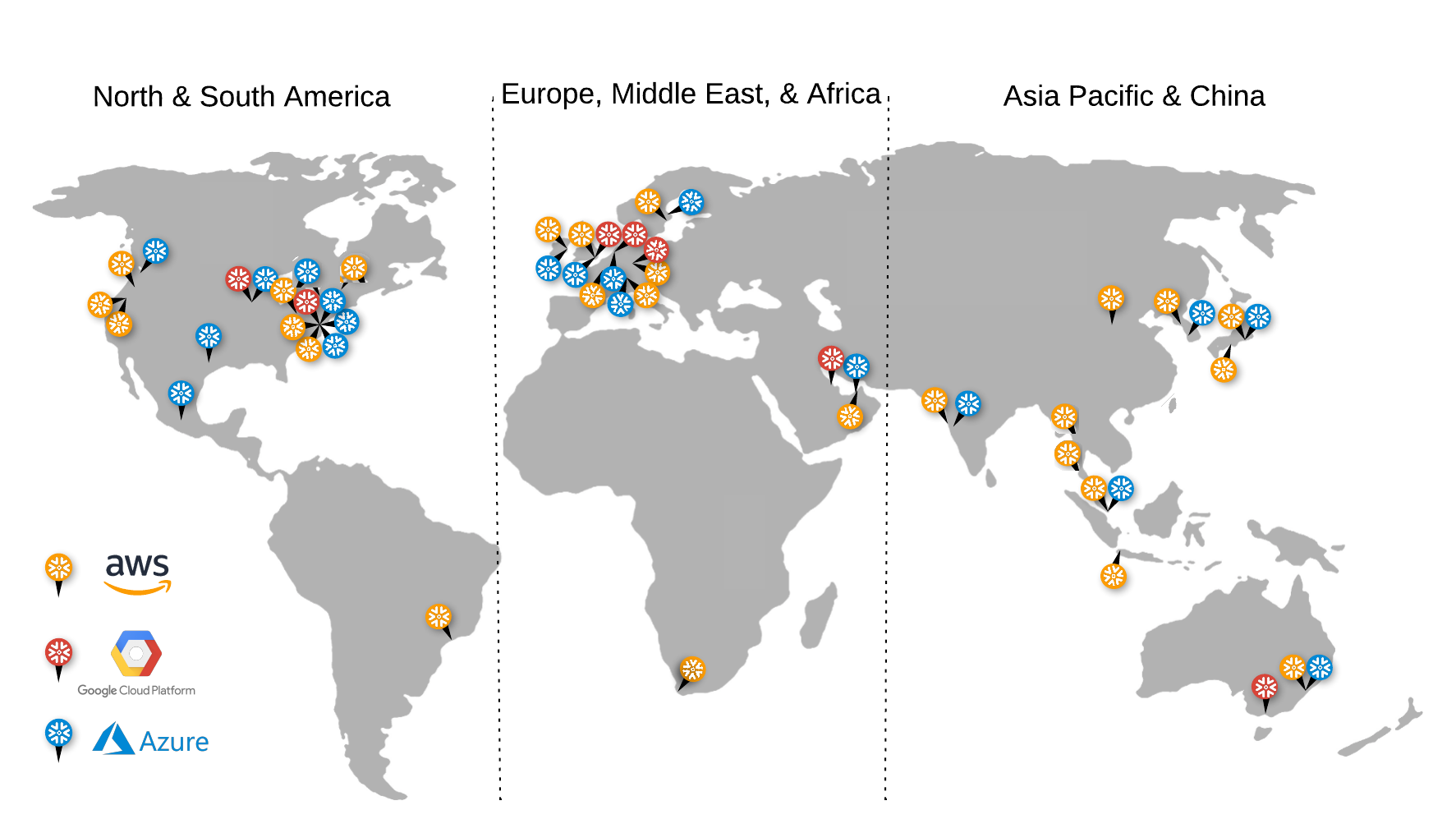 World map of cloud regions supported by Snowflake