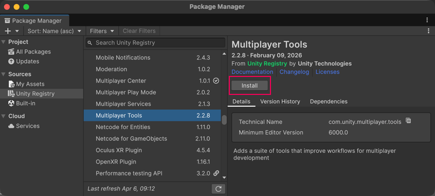 Install button in the corner of the details panel