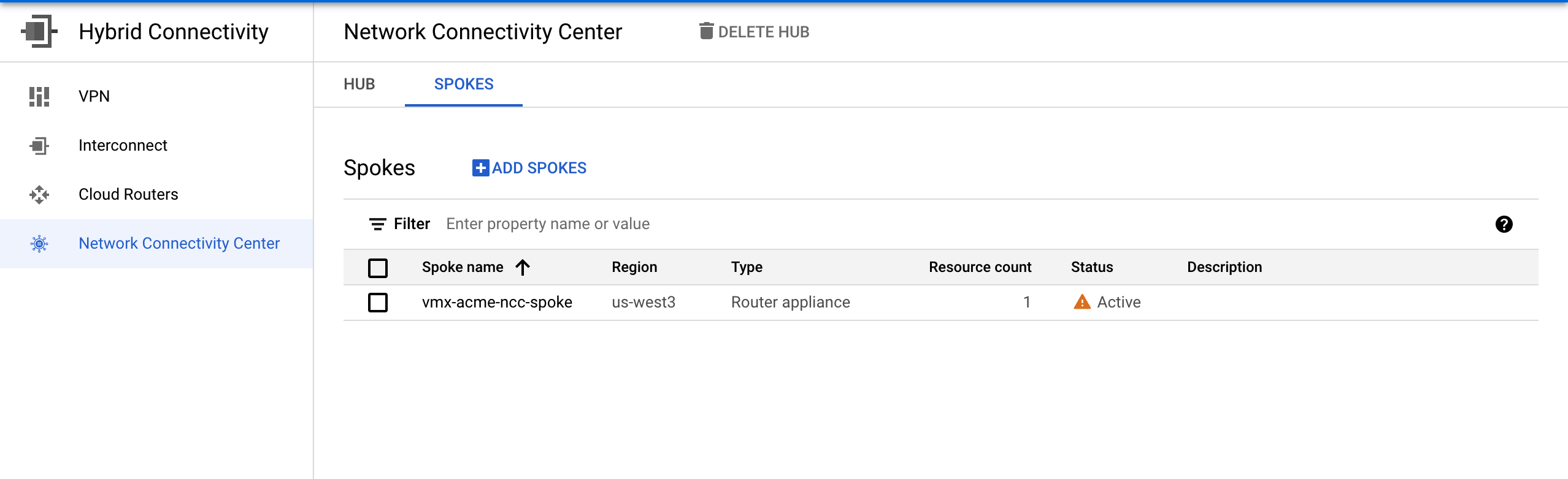 Google Cloud Platform dashboard showing Create Network Connectivity Center spokes list page.png