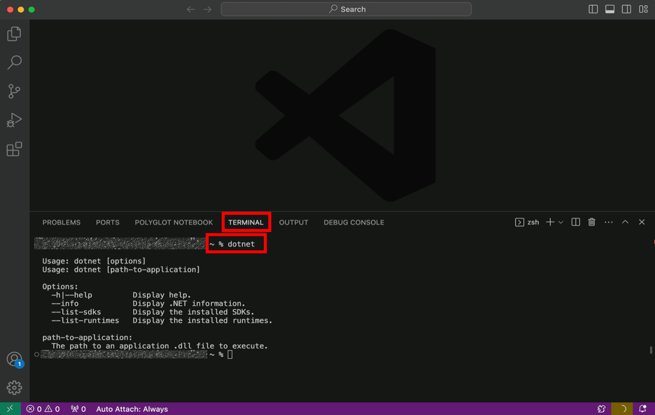 Run dotnet command in VS Code Terminal