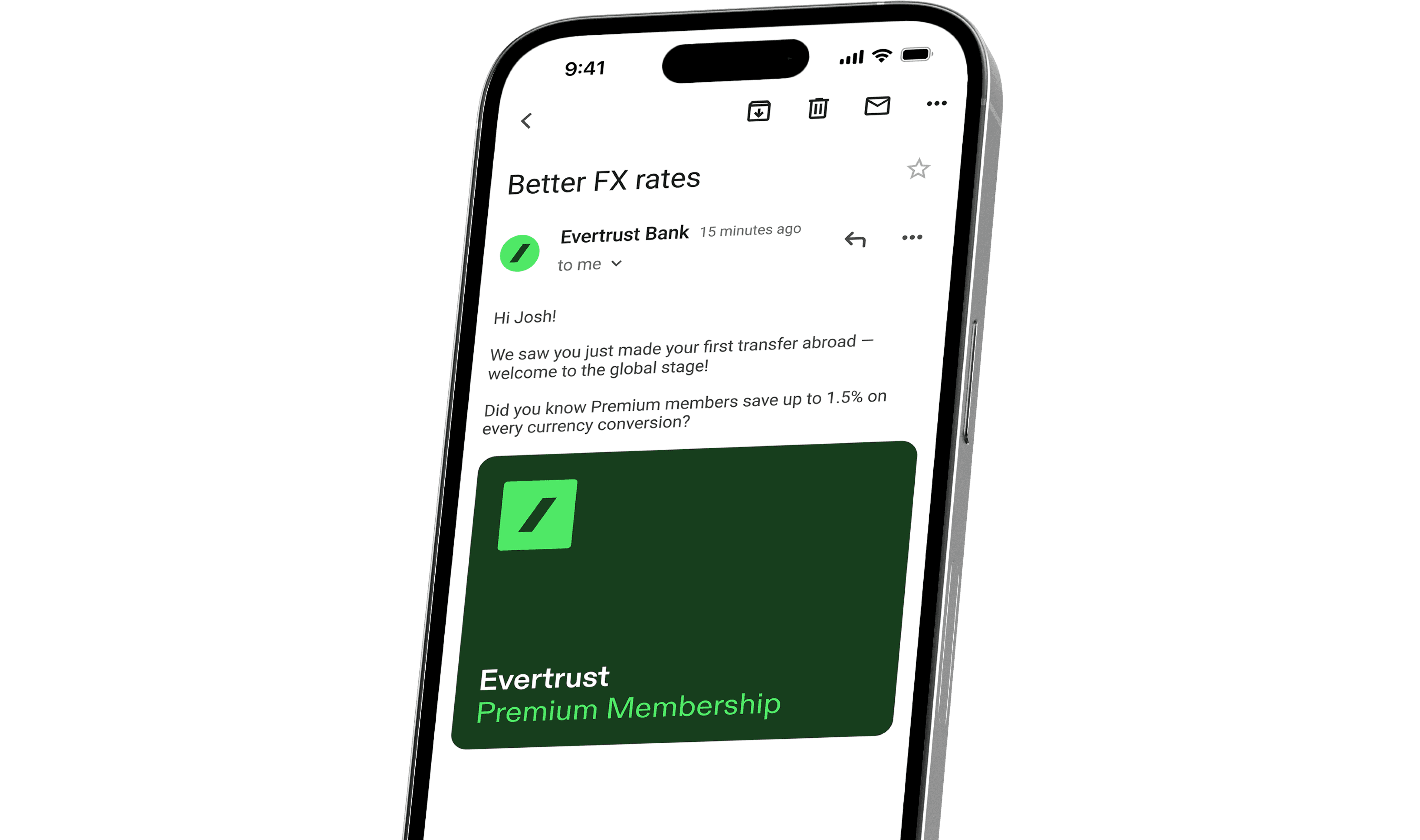 Smartphone displaying an email from Evertrust Bank about better FX rates.