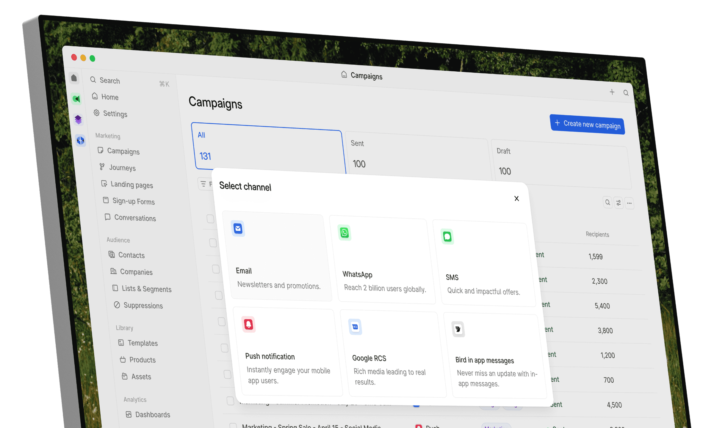 Bird's marketing platform, highlighting a multi-channel campaigns dashboard with various communication options including Email, WhatsApp, Push notifications, Google RCS, and App inbox message.