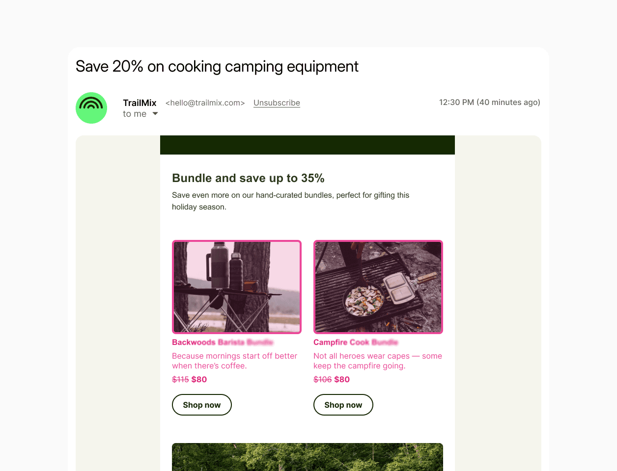 Email z spersonalizowanymi rekomendacjami, zawierający promocję na zestaw sprzętu do gotowania na świeżym powietrzu, wyróżnienia produktów oraz łatwy dostęp do opcji zakupowych.