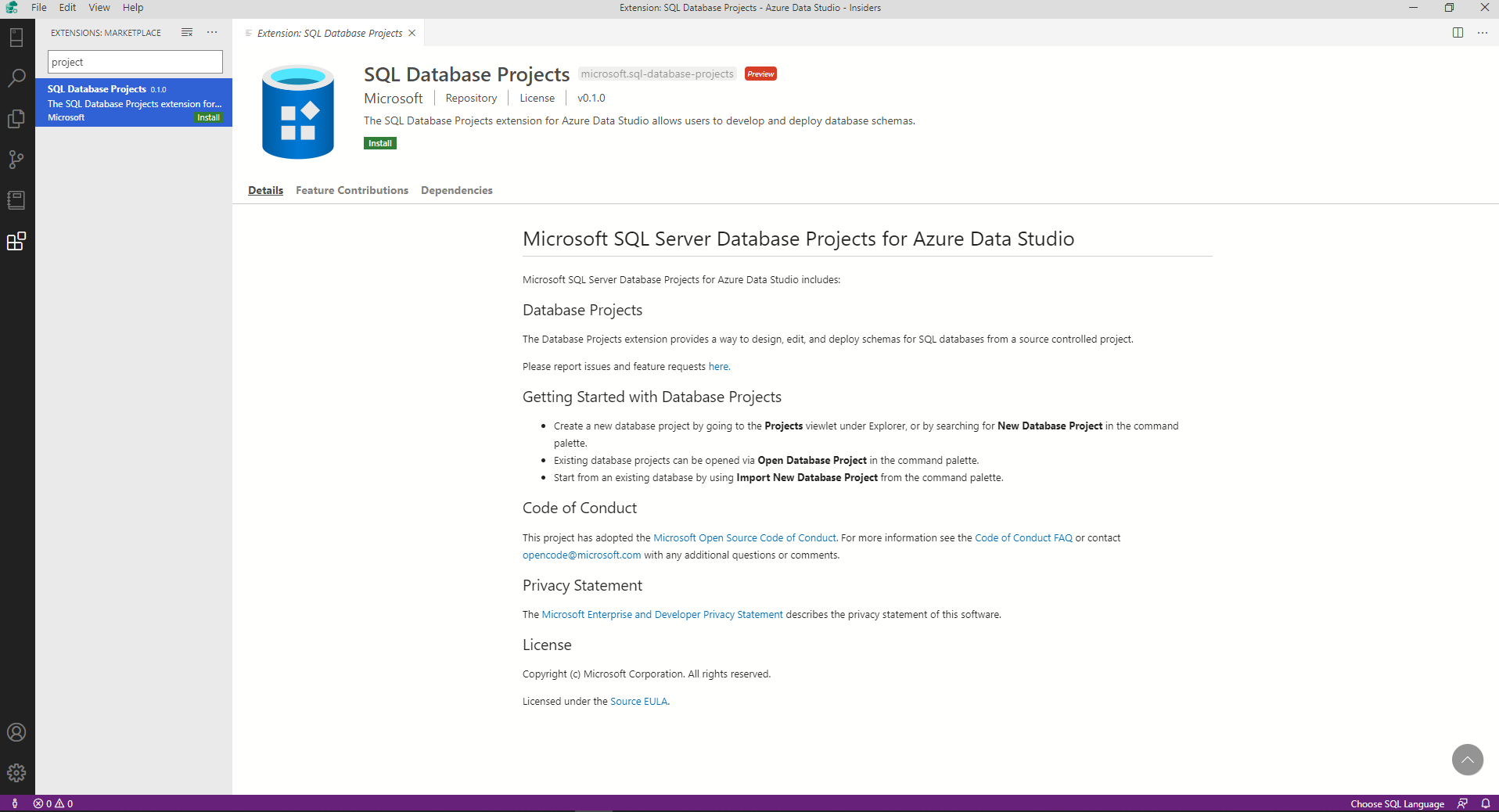 Screenshot of Azure Data Studio, Install extension.