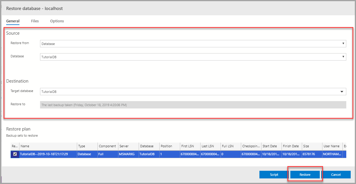 Screenshot that shows Restore backup.