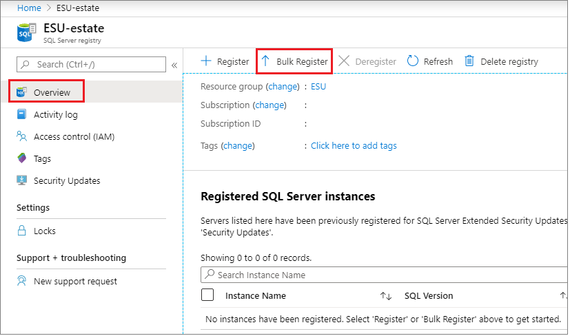 Choose bulk register to register multiple instances of SQL Server