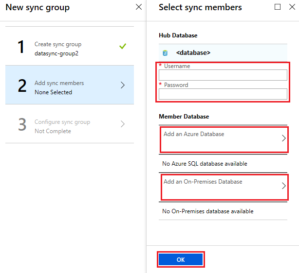 Enter existing credentials for the hub database server