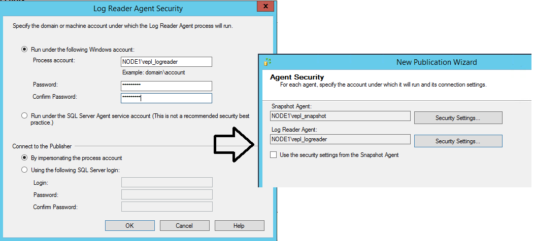 "Log Reader Agent Security" dialog box and "Agent Security" page of the wizard