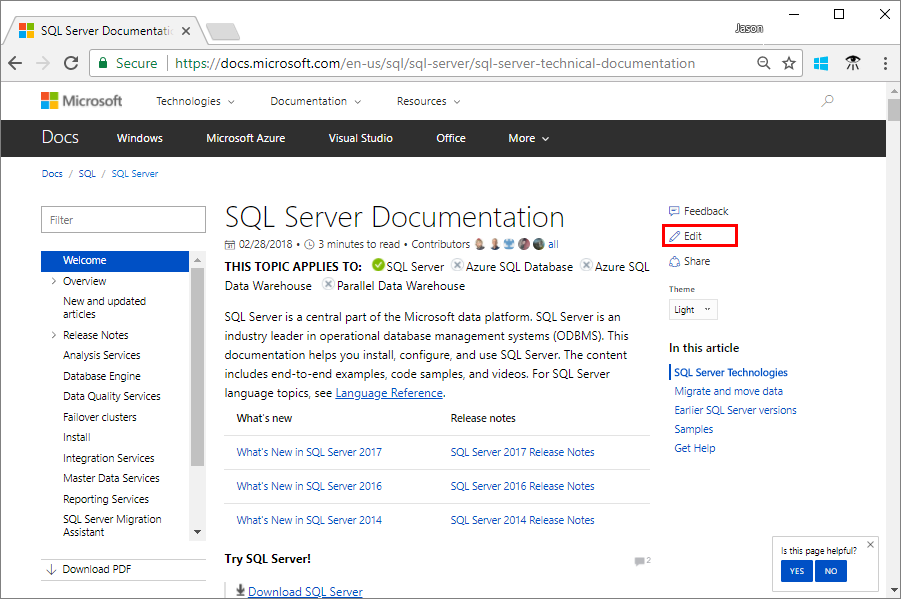 Edit button for SQL article