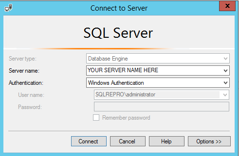 "Server name" field with option of using SQL Server instance