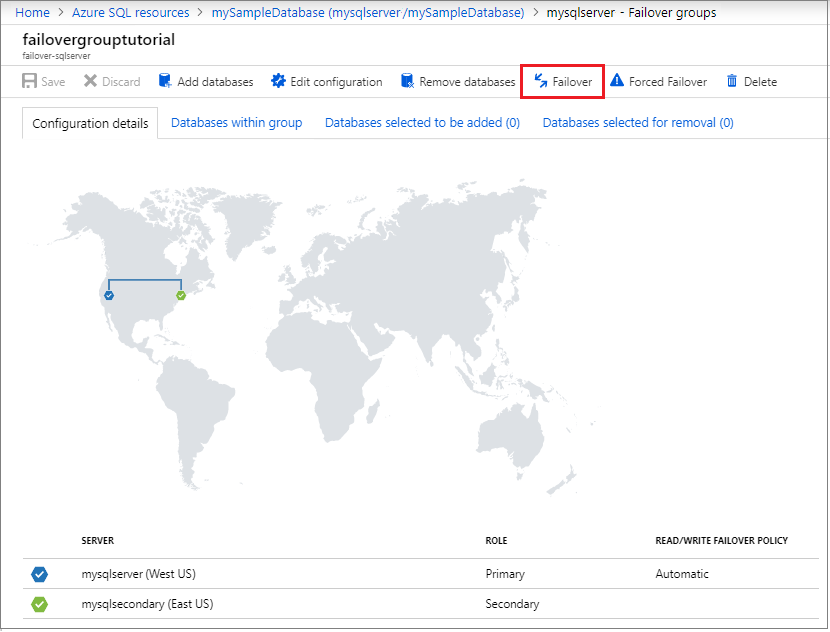 Fail over your failover group containing your database in SQL database