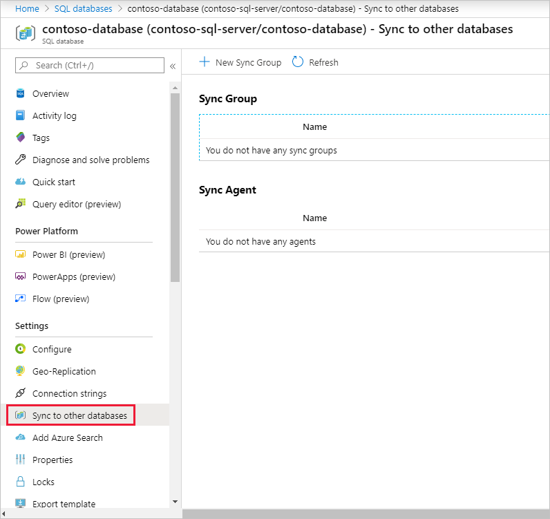 Sync to other databases, SQL database, Microsoft Azure portal