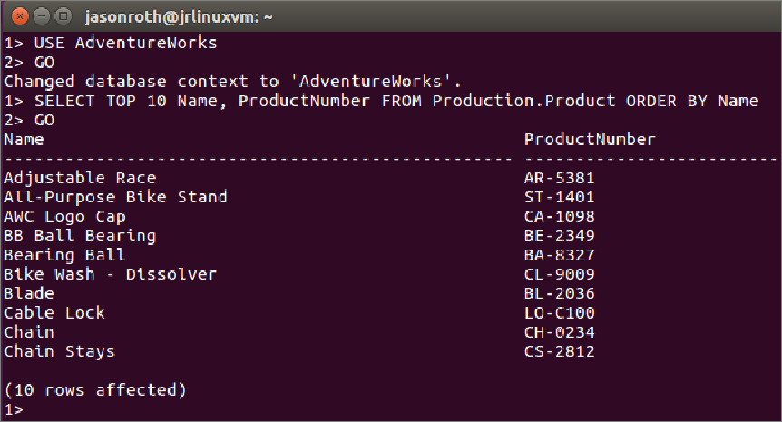 Output from Production.Products query
