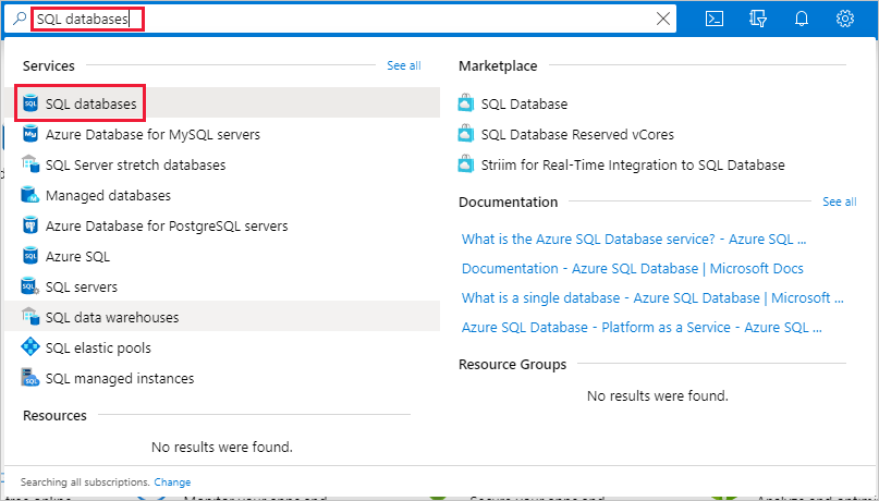 Search for SQL databases, Microsoft Azure portal
