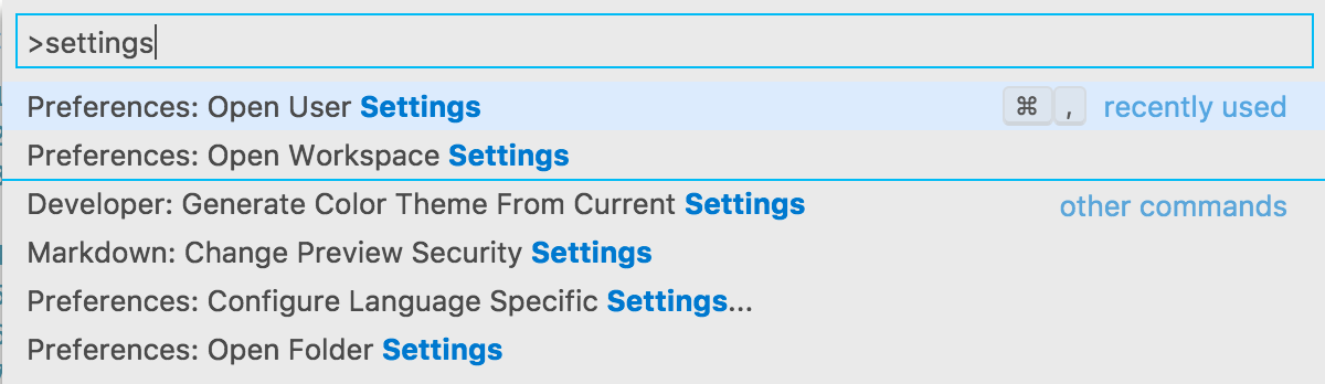 Open user settings command