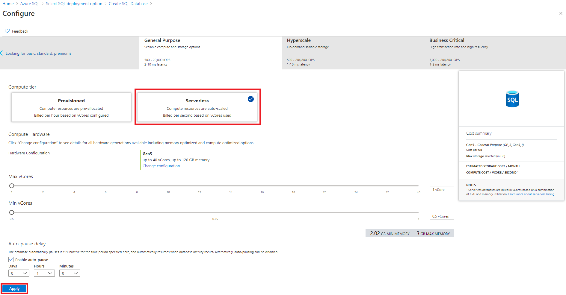 configure serverless database
