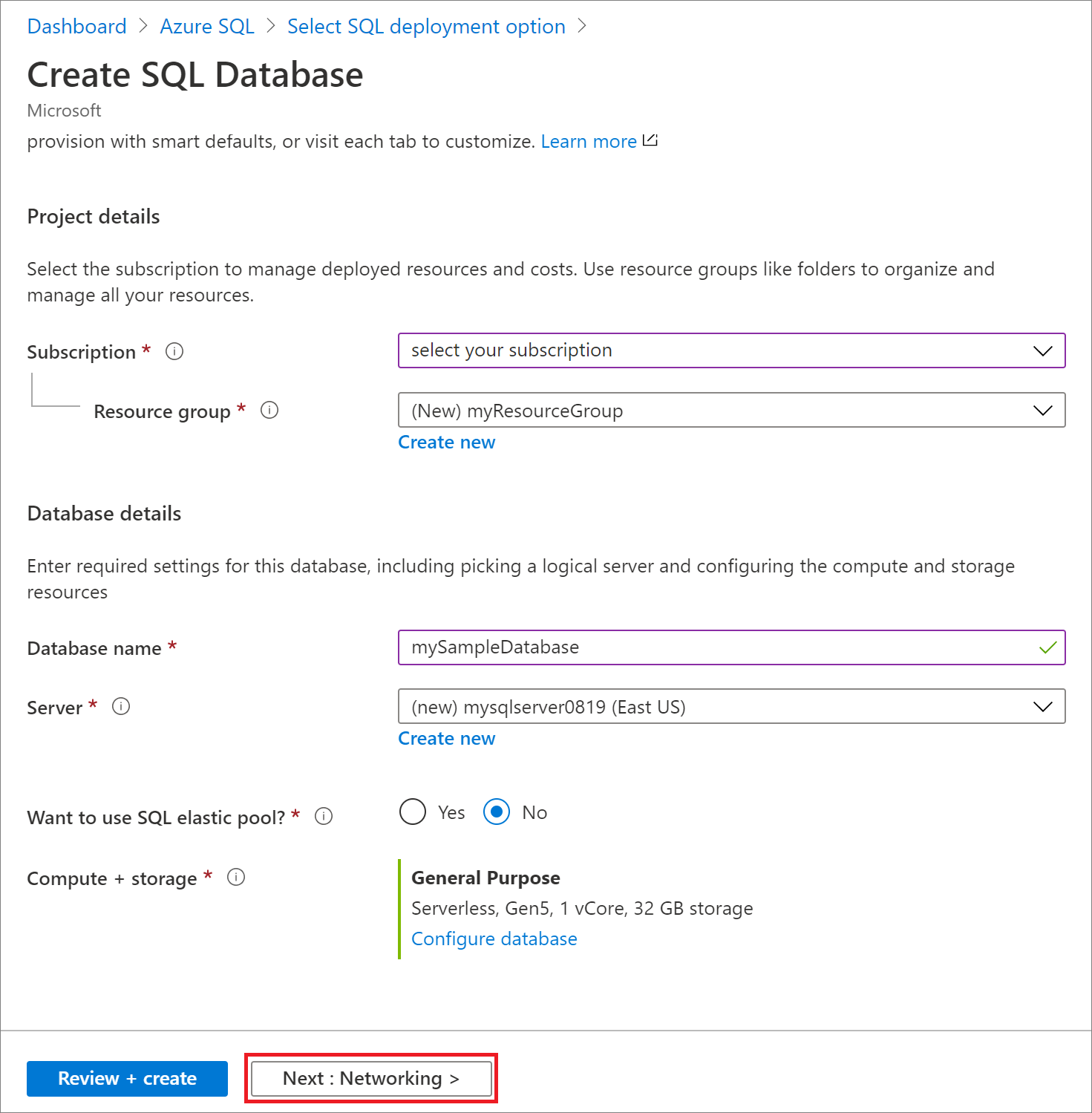 New SQL database - Basic tab