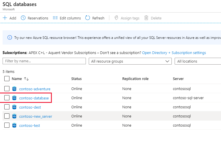 Select from the database list, Microsoft Azure portal