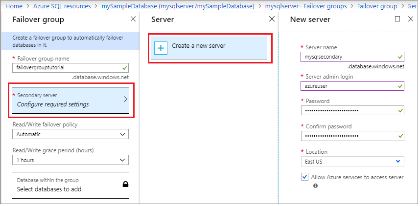 Create a secondary server for the failover group