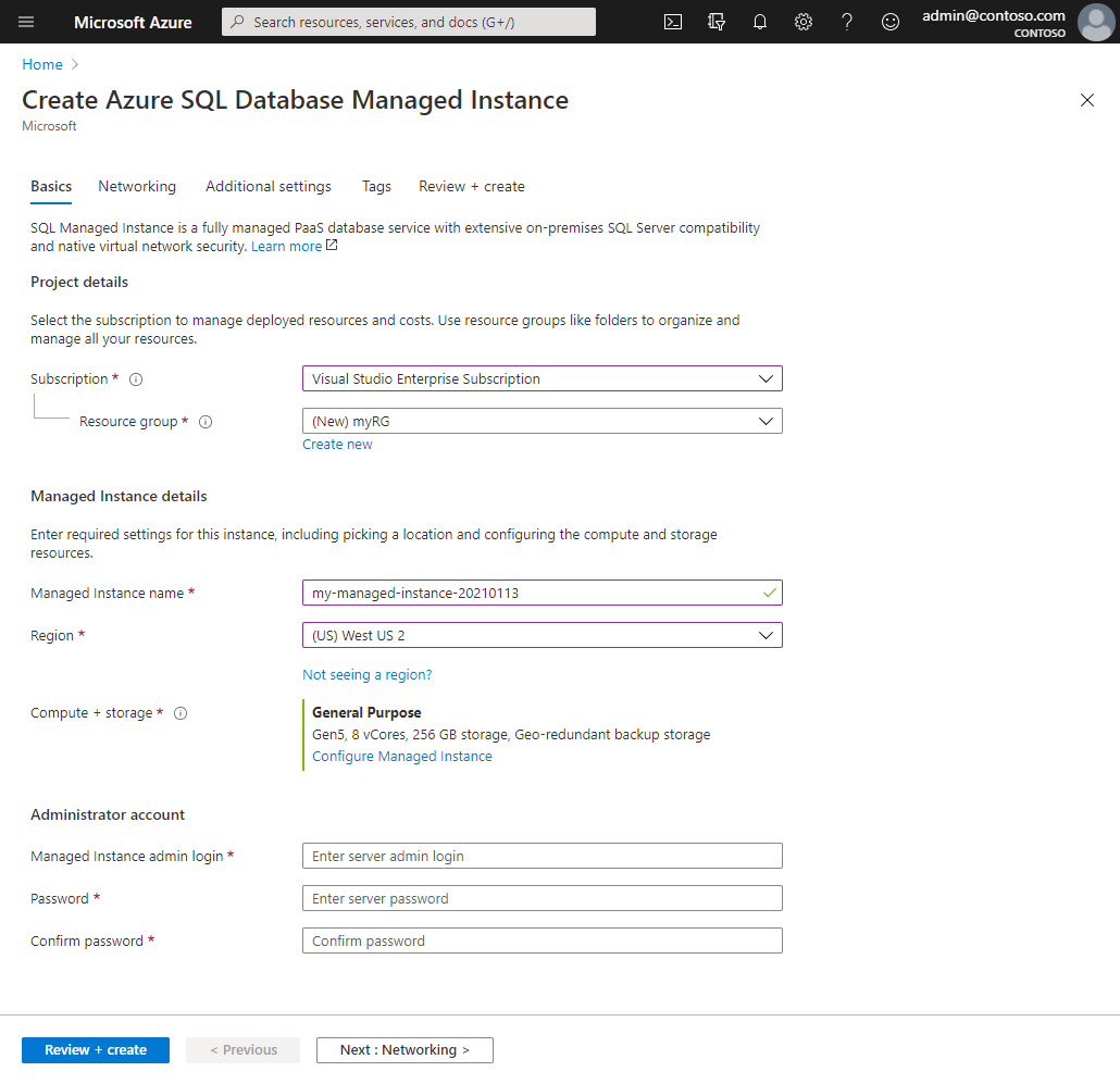 "Basics" tab for creating a SQL Managed Instance