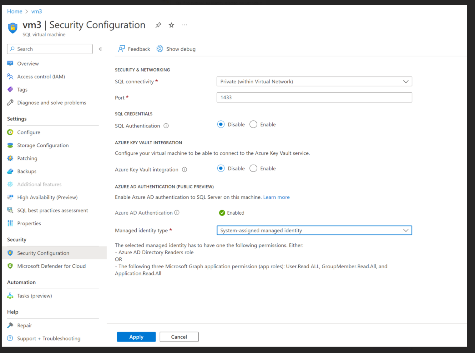 Screenshot of the Azure portal, the SQL Server security page, where you can enable authentication.