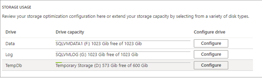 Screenshot of the Azure portal, SQL virtual machines resource, showing where to extend storage.