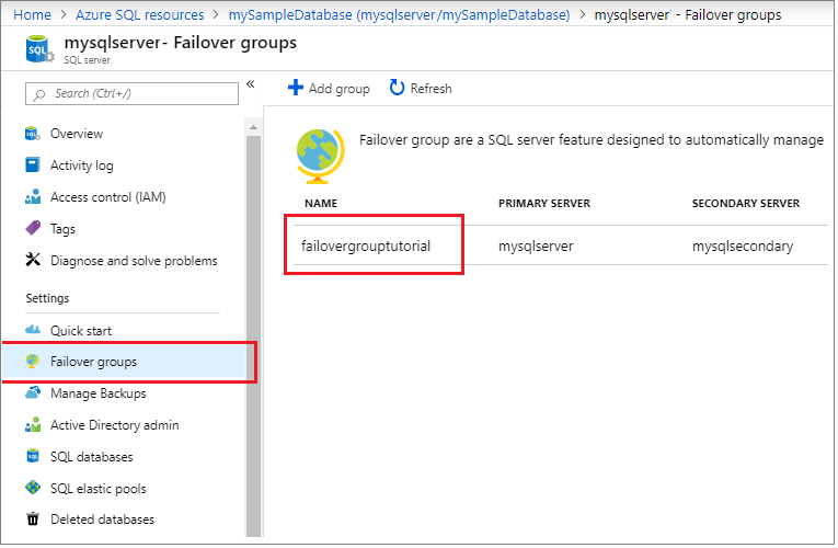 Select the failover group from the portal