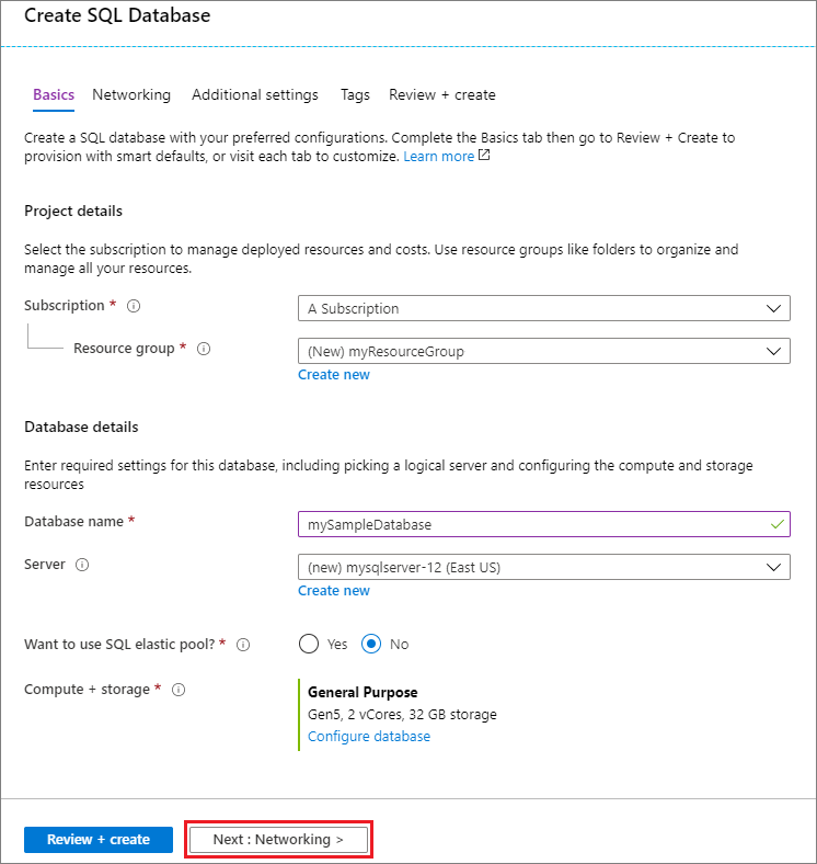 New SQL database - Basic tab