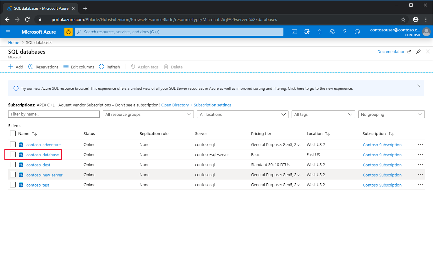 Select from SQL database list, Microsoft Azure portal
