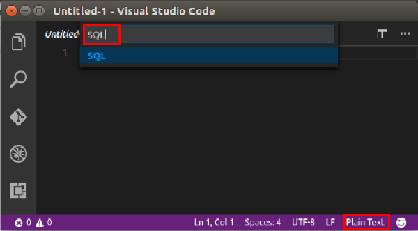 VS Code language selector for SQL