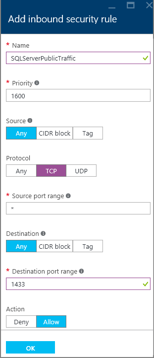 SQL Server network security group rule