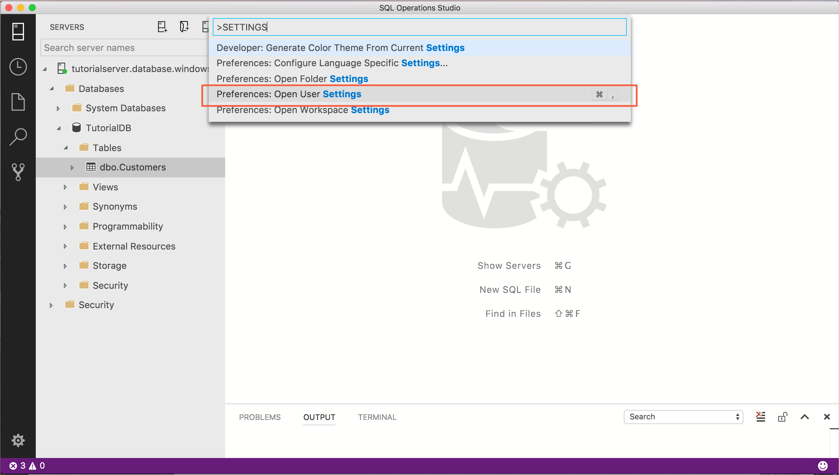 Open user settings command