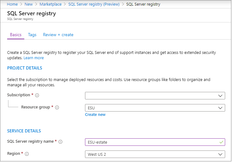 Screenshot of the SQL Server registry showing the Basics tab.