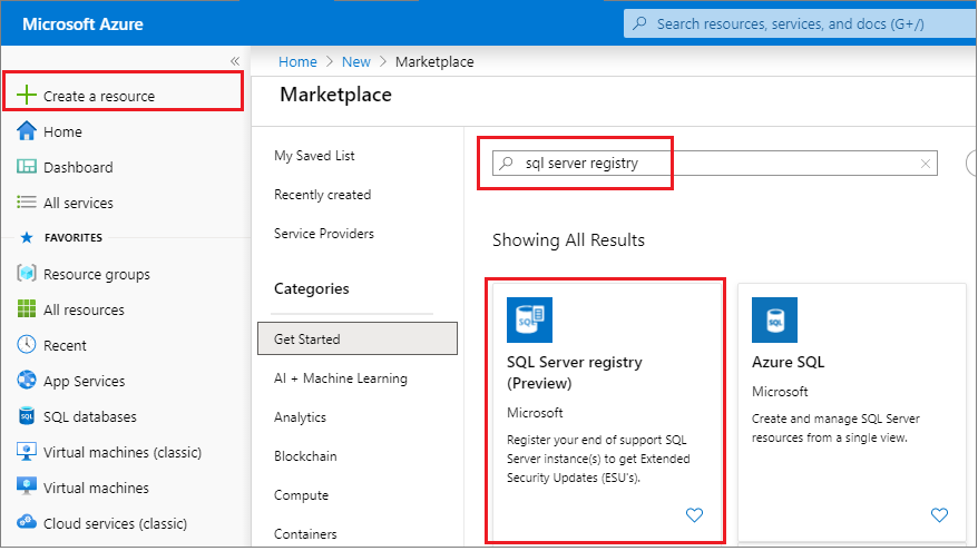 Screenshot of the Auzre portal that shows how to create a SQL Server registry.