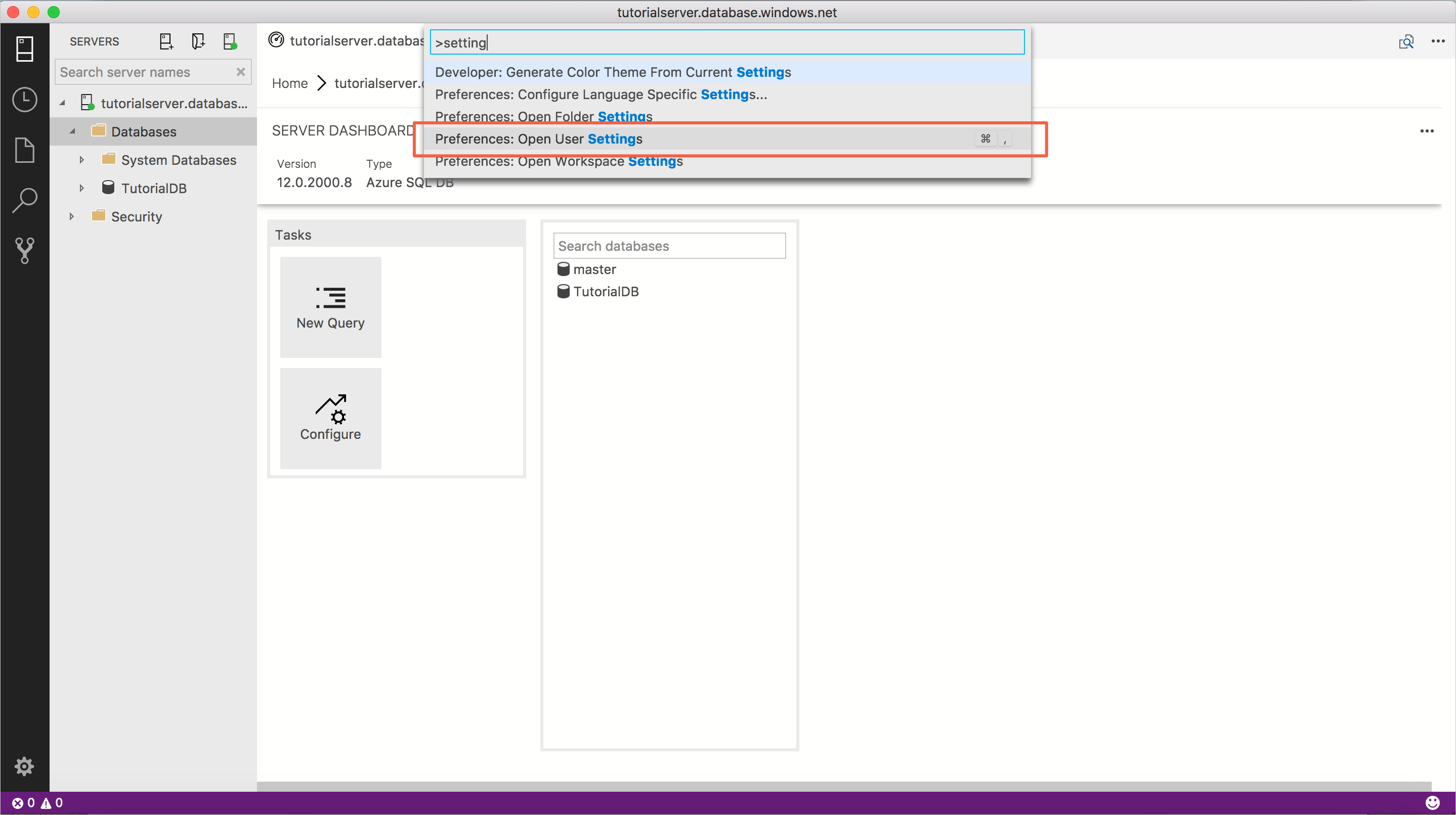 Open user settings command