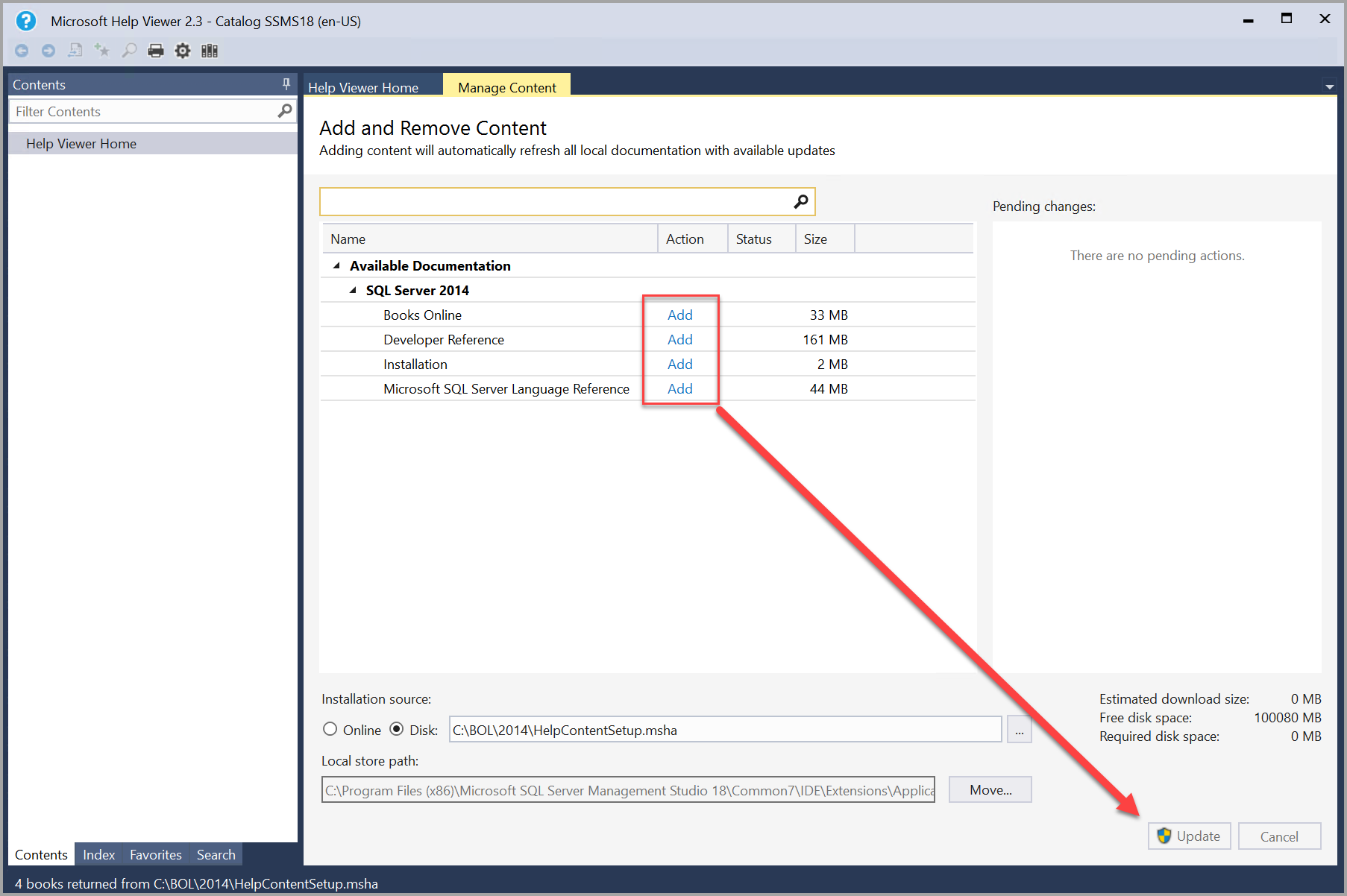 SQL Server 2014 books add and update in Help Viewer