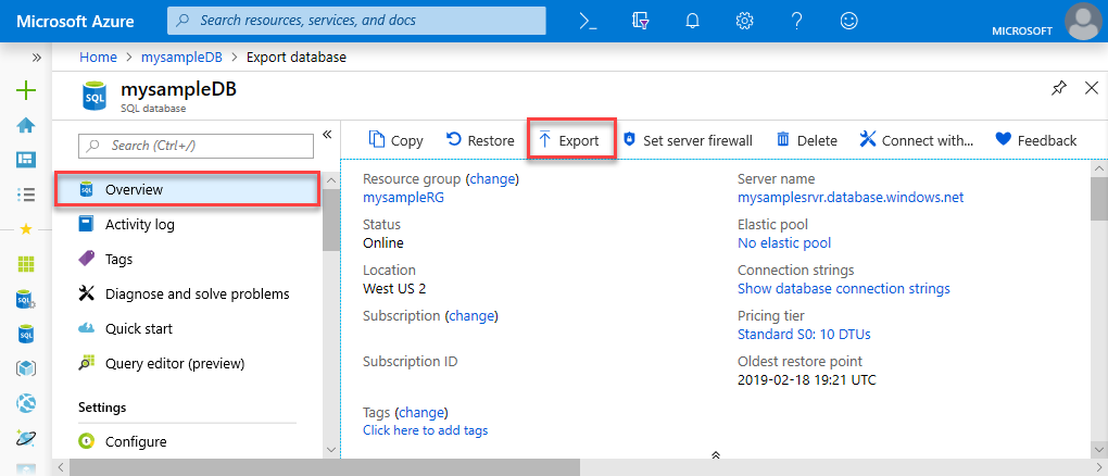 Screenshot that highlights the Export button.