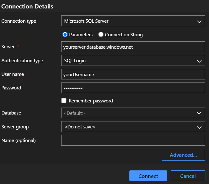 Screenshot of connection dialog box in ADS.