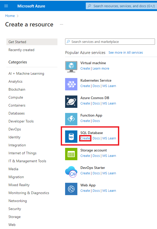 Screenshot showing how to create a database from a resource.