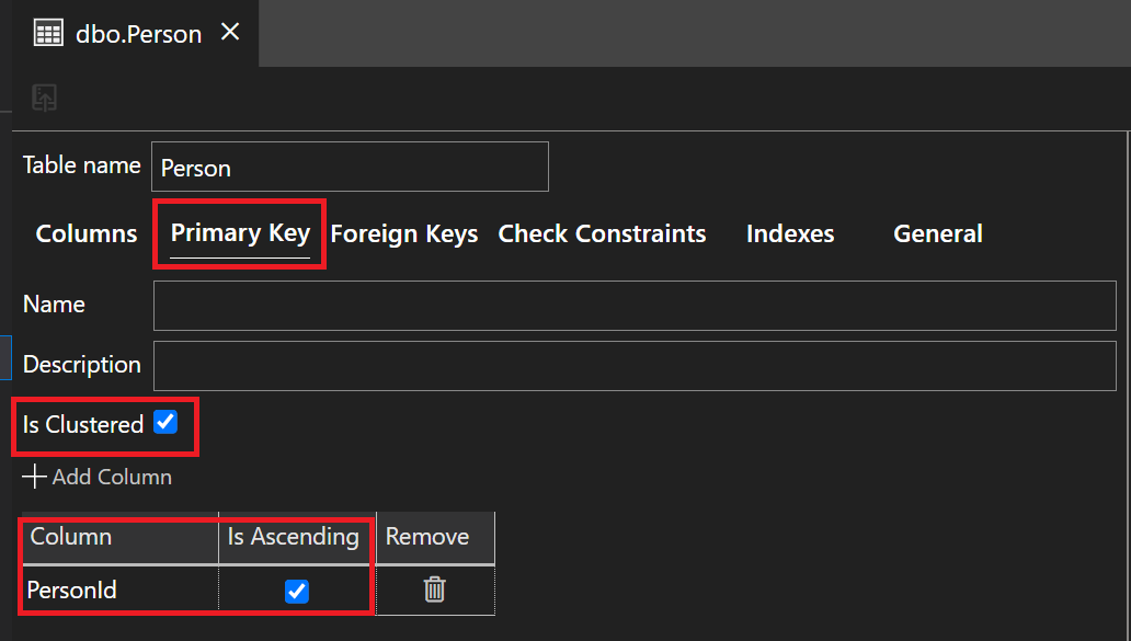Screenshot of Person Table in Table Designer showing the Primary Key settings.